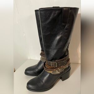 Durango Black Leather Heeled Boots with Brown Strap Accents